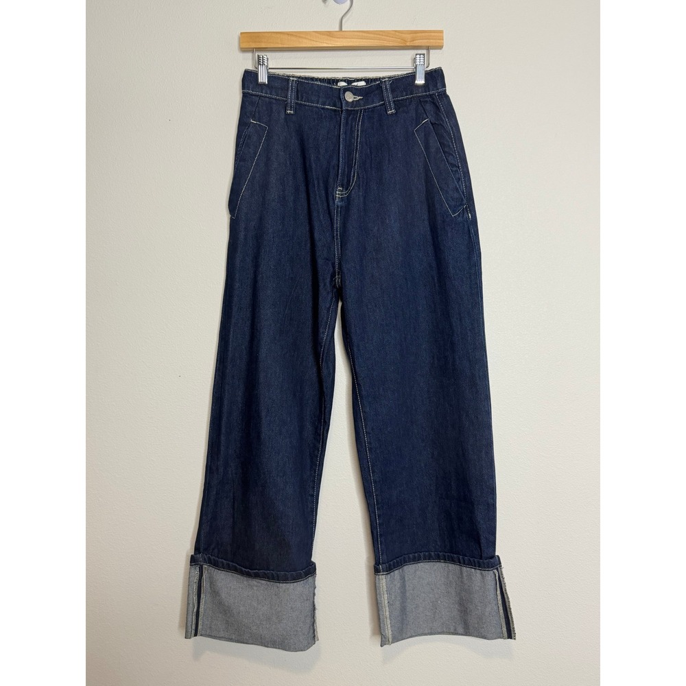 Zara Kids Girls Dark Wash Wide Leg Cuffed Jeans Size 13/14‎ Cotton Denim